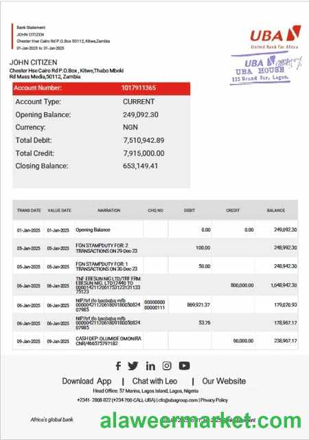 Zambia United Bank for Africa bank statement Word and PDF template